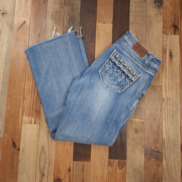 Adiktd Denim - Adiktd Womens Y2K Light Wash Embellished Rhinestone Raw Hem Straight Leg Jeans